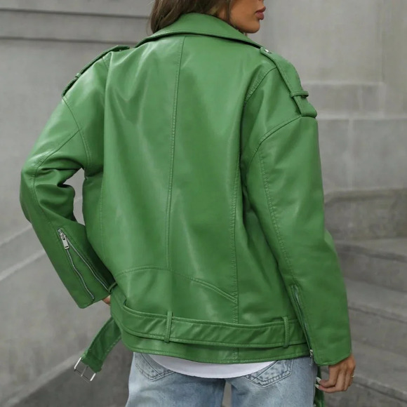 Green Casual Women's Stylish Woven Fabric Biker Jacket - Picture 6 of 7